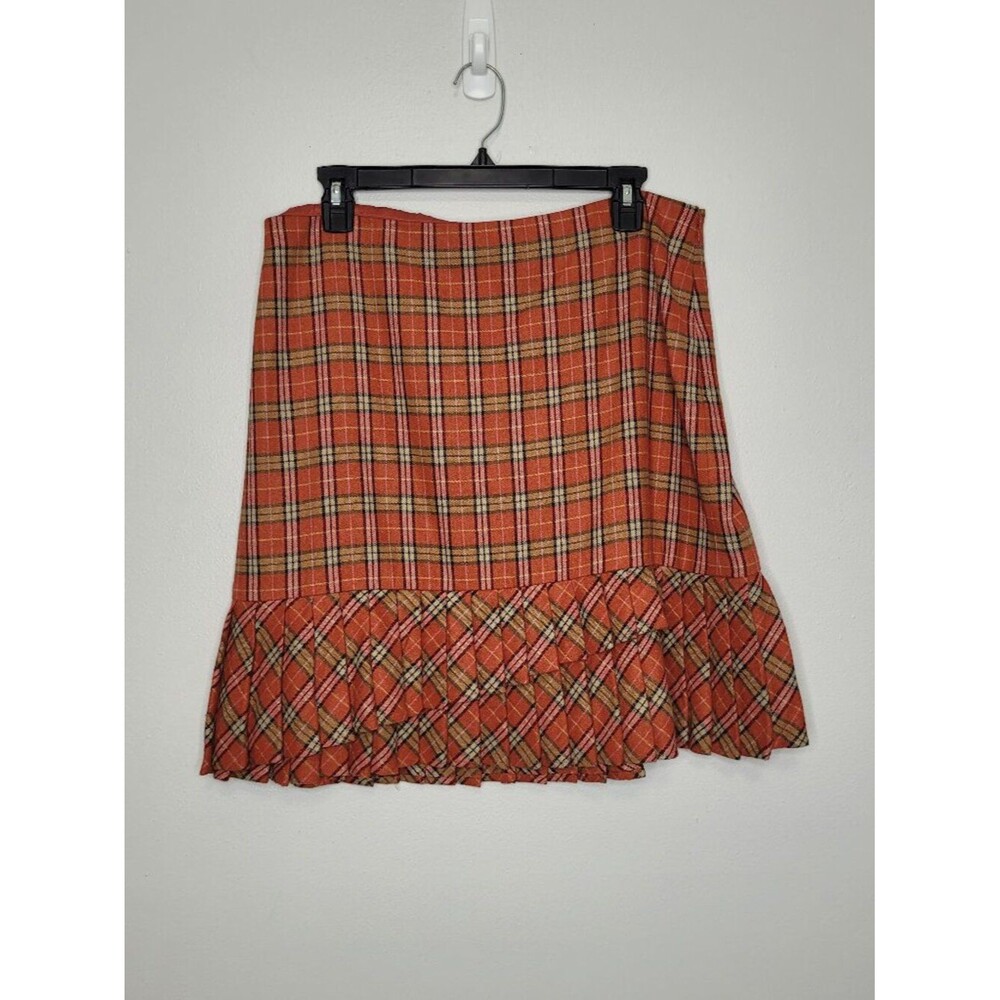 LOFT orange plaid pleated wool blend school girl preppy mini skirt size 14